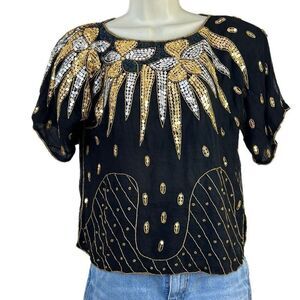 Vintage 70’s 100% Silk Beaded and Sequins Disco Blouse Size Small